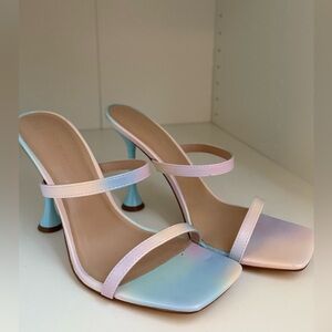 Pastel blue and pink High Heeled Sandals with Chunky Heel and Open Toe Design